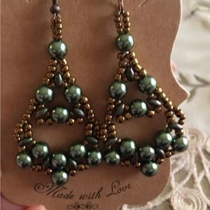 Handmade Green Pearl chandelier Earrings.made by me.